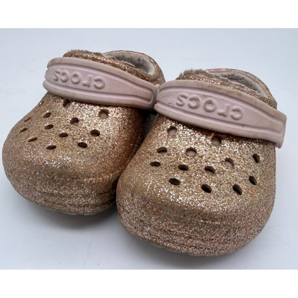 Crocs Classic Lined Clogs Gold Glitter Pink Cozy Fuzzy Toddler | Girl's Size 6 - Picture 5 of 12